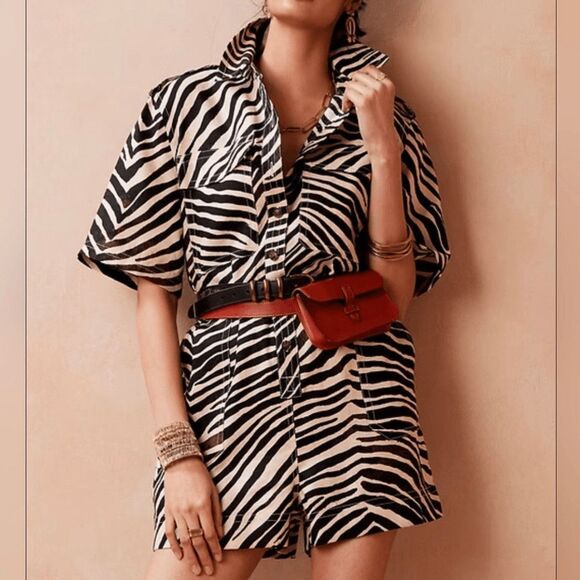 Banana Republic Linen Safari Zebra Print Boxy Romper Jumpsuit XXS Petite - Picture 1 of 8